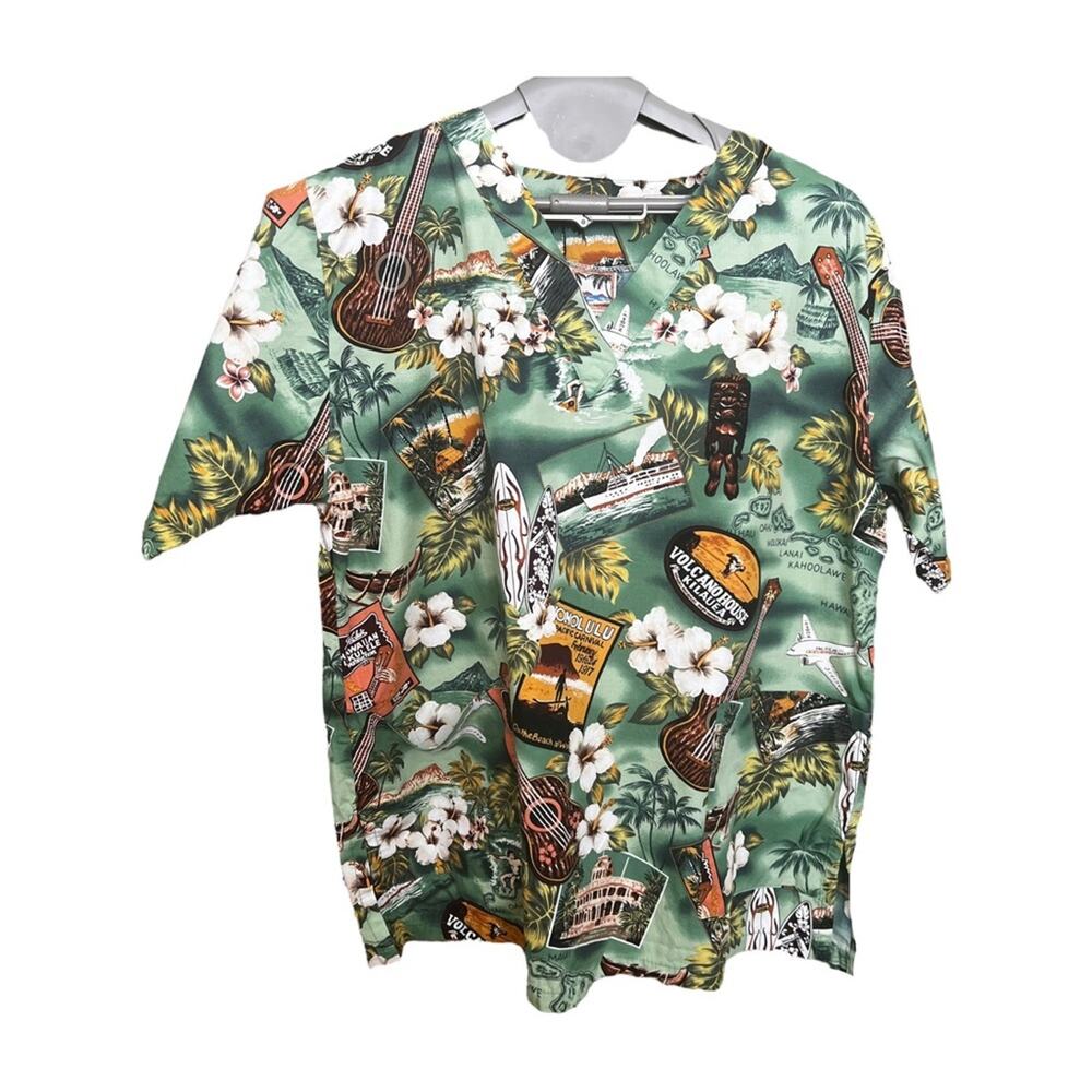 Original Hawaiian Togs Tropical Print Short Sleeve Scrub Top Unisex Size Large